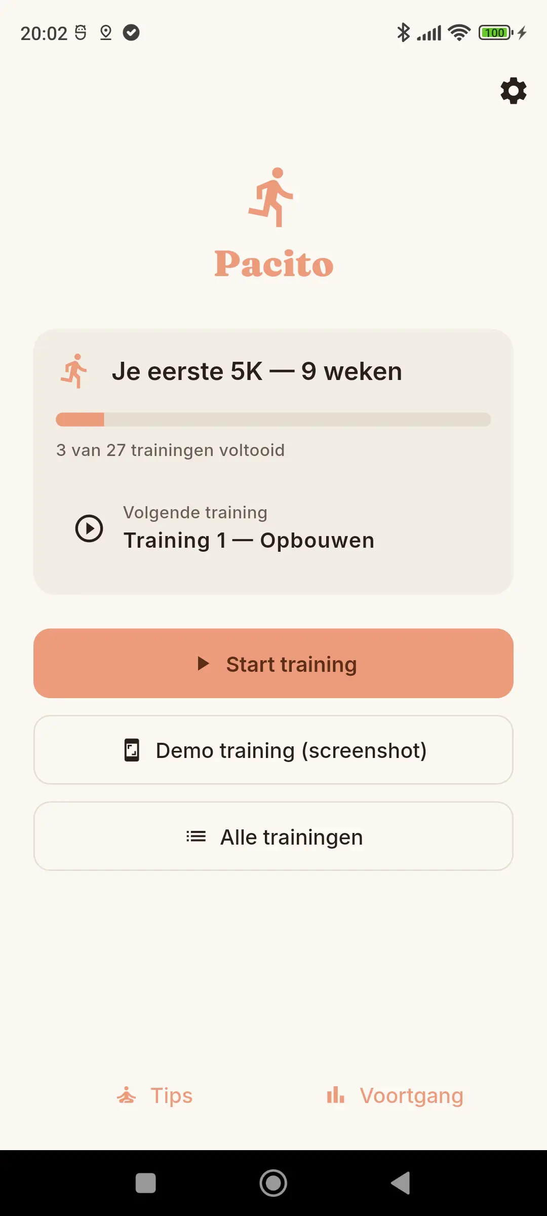 Home screen met voortgang