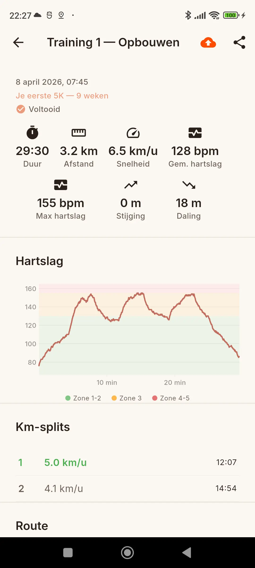 Trainingsresultaat met route